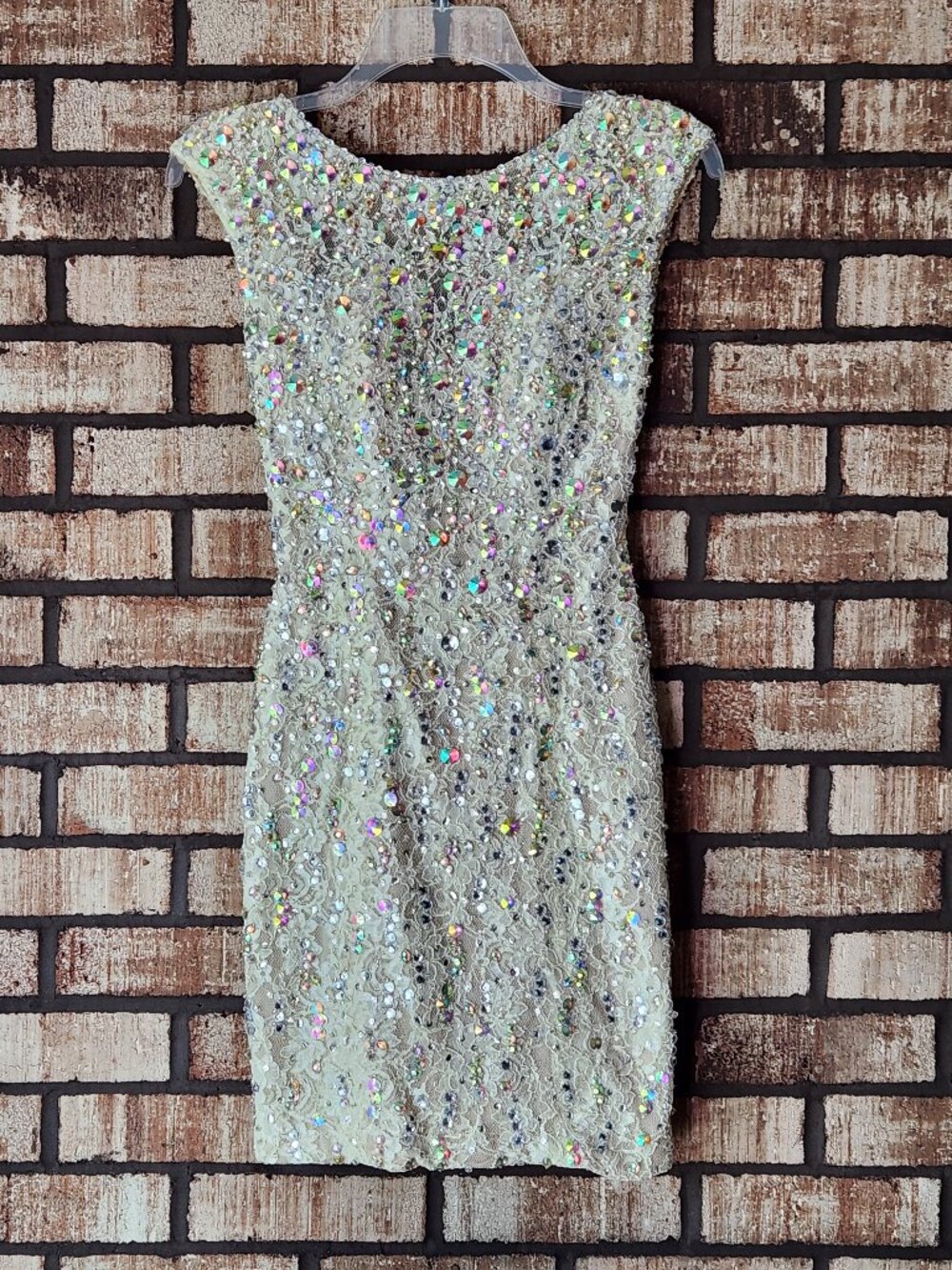Mori Lee Beaded Sequin Cocktail Dress Champagne Lace
